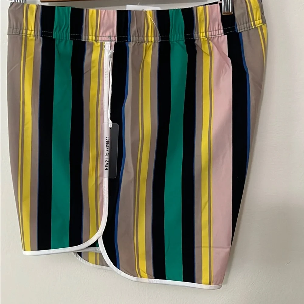 NWT Forever 21 Men’s 2XL Swim Trunks Jade, Tan Yellow Colorblock, Scalloped Hem